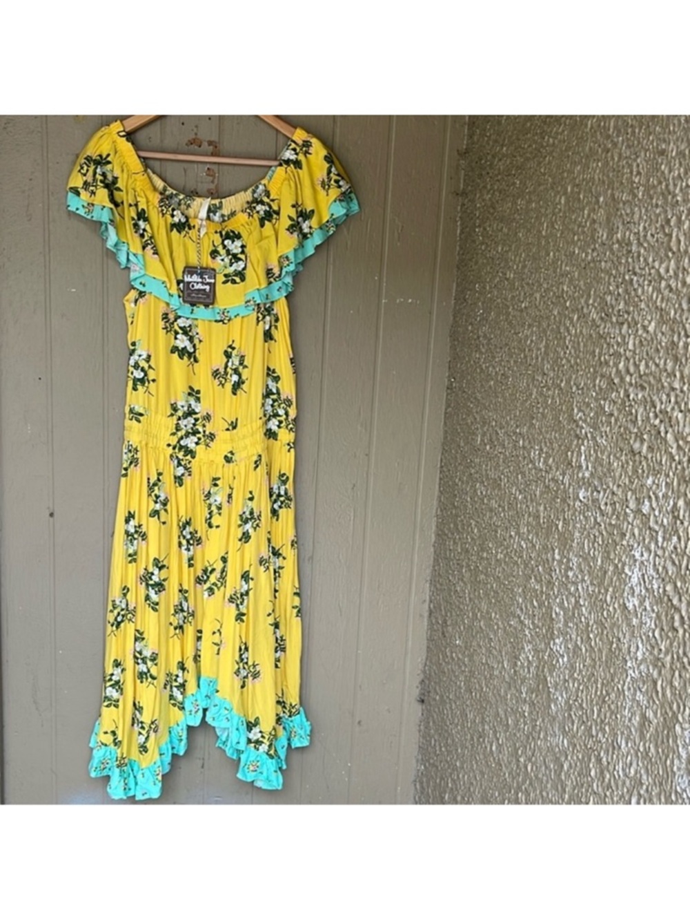 Matilda Jane Yellow Floral Ruffle Maxi Dress with Turquoise Trim Size XL